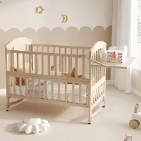 MODFU Mehrfunktionales Babybett 120x60 mit Wickeltisch Bettgestell mit Rollen Holzbett klappbarem Ablagerack ohne Matratze Natur