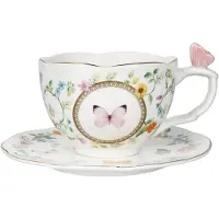 MamboCat Dancing Butterflies Tasse mit Untertasse Porzellan floral Goldrand Tee Kaffee
