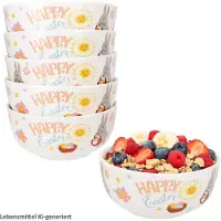 MamboCat 6er Set Easter Müslischalen 400ml Porzellan Ostern Hase bunt Obst Bowl Snacks