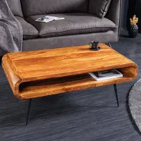 Riess Couchtisch ALPHA 90cm braun massives Sheeshamholz Metallbeine stone finish mit Stauraum