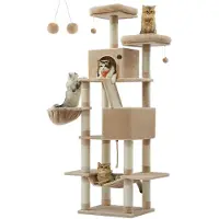 StarTech.com Katzenbaum - XXL Kratzbaum - Höhe 206 cm - 13 Kratzsäulen - 2 Plattformen - 2 Höhlen - Korb-Hängematte - Kamelbraun