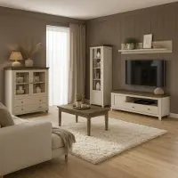 Lomadox Wohnwand Set in Beige & Eiche im modernen Landhausstil – 5-teilig mit Highboard, Vitrine, Lowboard, Wandregal und Couchtisch – EPSOM-83