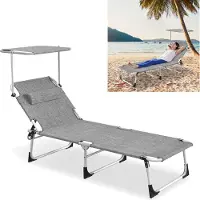 LZQ Klappbare Sonnenliege mit Dach, Kopfkissen & Seitentasche, 100 kg tragbar, 194×68 cm, Flachs Grau