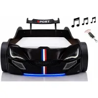 Aileenstore Autobett Kinder 90x200 Jungen LED Leuchte Unterbodenbeleuchtung Sound Fernbedienung, Farbe wählen:Schwarz, Sportsitze:ohne Sportsitze, Matratze:inkl. Matratze, Bettwäsche:ohne Bettwäsche