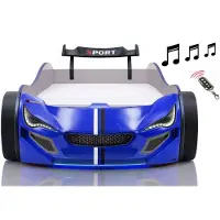 Aileenstore Autobett Kinder 90x200 Jungen LED Leuchte Unterbodenbeleuchtung Sound Fernbedienung, Farbe wählen:Blau Weiss, Sportsitze:ohne Sportsitze, Matratze:inkl. Matratze, Bettwäsche:ohne Bettwäsche