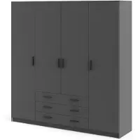 Vega Schlafzimmer-Kleiderschrank grau matt, 4 Türen, 3 Schubladen, 9 Einlegeböden (6 höhenverstellbar) und Metall-Garderobenstange