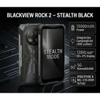 Blackview ROCK 2 Schwarz Outdoor Handy: 5G, 15000mAh Akku, Android 16, 24GB RAM, 256GB ROM, 6,67" 120Hz Display, 33W Fast Charge, NFC, Robustes Smartphone