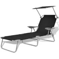 Helloshop26 - Sonnenliege Deckstuhl Sonnenbett Gartenbett Terrassenmöbel 189 cm mit Sonnendach schwarzer Stahl 02_0012267