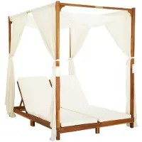 Helloshop26 - Sonnenliege Deckstuhl Sonnenbett Gartenbett Terrassenmöbel Doppel-Gartenmöbel mit Vorhängen und Kissen Akazienholz 02_0012739