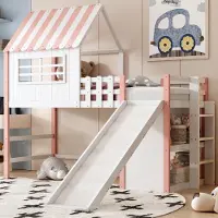 Treeboy Kinderbett 90 x 200 cm Dachboden-Design mit Sicherheitsleiter und Sicherheitsrutsche, mehrstöckige Ablagefächer Multifunktionsbett Massivholzbett Einzelbett Hochbett Rosa