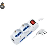 Alcapower 6-fach Steckdosenleiste, 4x 10/16A Bipasso, 2x Schuko, 1,5m Kabel, 90-Grad-Stecker, beleuchteter Schalter, Weiß