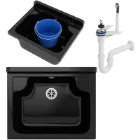 Granitan - Waschbecken - Spülbecken 42,4x34,3 cm - Spüle Schwarz - mit Armatur und Siphon - LOMA