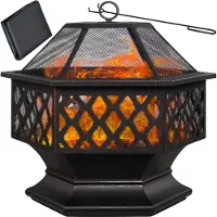 Gardebruk Feuerschale mit Funkenschutz Schürhaken Abdeckung 70cm Eckig Antik Schwarz Terrasse Garten Feuerstelle Feuerkorb Kamin Ofen Holz Grill