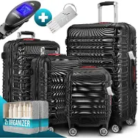 Monzana 4tlg Kofferset Schloss Wäsche Organizer Kofferwaage Gurt Gel-Griffe Zwillingsrollen Standfüße Trolley Reisekoffer Hartschalen Koffer S-M-L-XL, Farbe:schwarz