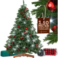 Casaria Künstlicher Weihnachtsbaum Premium 150cm + Kugeln Rot + Lichterkette kaltweiß