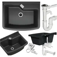 Granitan - Waschbecken - Spülbecken 58,5x45 cm - Spüle Schwarz - mit Armatur und Siphon - VELORA