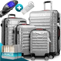Monzana 4tlg Kofferset Schloss Wäsche Organizer Kofferwaage Gurt Gel-Griffe Zwillingsrollen Standfüße Trolley Reisekoffer Hartschalen Koffer S-M-L-XL, Farbe:silber