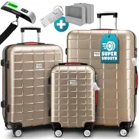 Monzana 3tlg. Kofferset TSA Schloss Wäscheorganizer Kofferwaage Gurt Gelgriffe Zwillingsrollen Standfüße Trolley Reisekoffer Hartschale Koffer M-L-XL, Farbe:champagner