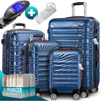 Monzana 4tlg Kofferset Schloss Wäsche Organizer Kofferwaage Gurt Gel-Griffe Zwillingsrollen Standfüße Trolley Reisekoffer Hartschalen Koffer S-M-L-XL, Farbe:navy
