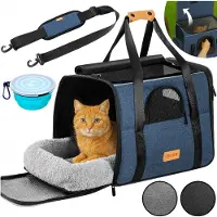 Cadoca Transportbox Katzen bis 20kg faltbar Sonnen- und Regendach Schultergurt mit Napf Atmungsaktiv Komfortabel Wendekissen Haustier Katzenbox Tragetasche Hunde Auto Blau