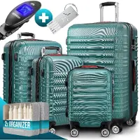 Monzana 4tlg Kofferset Schloss Wäsche Organizer Kofferwaage Gurt Gel-Griffe Zwillingsrollen Standfüße Trolley Reisekoffer Hartschalen Koffer S-M-L-XL, Farbe:grün