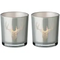 Edzard 2er-Set Teelichtglas Eto (Höhe 8 cm), grau, Hirsch-Motiv