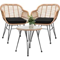Casaria Balkonset 3 teilig 5cm Auflagen Wetterfest 5mm Sicherheitsglasplatte Höhenverstellbar Rattan Look Outdoor Terrasse Balkon Gartenmöbel Korbsessel