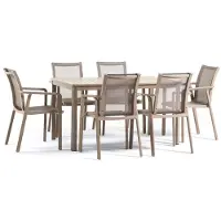 Idea New Garden Srl 6-Sitzer Garten-Essset mit Tisch 140x85 aus Stahl und 6 Stühlen mit Armlehnen aus Textilene für Terrasse, Veranda und Outdoor, David + Victoria - Schlamm
