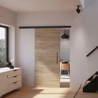 Inova Holzschiebetür 75,5 x 203,5 cm, Wildeiche, Komplettset mit schwarzem Beschlag und Stabgriff, ohne Softclose
