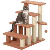 SUGIFT Haustiertreppe Kratzbaum 4-stufig, Katzentreppe mit Kratzsäule, Plüsch Jute, Braun | 60x40x64 cm | bis 5 kg | mit Spielball