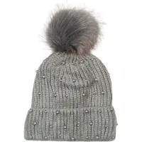 StyleBREAKER Bommelmütze "Strick Bommelmütze mit Perlen und Fleece Futter" 1 Stk.