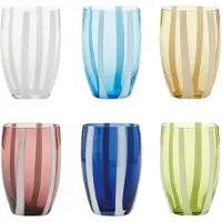 Zafferano 6er-Set Gessato-Trinkgläser aus mundgeblasenem Glas mit vertikalem, weißem Glasrand, verschiedene Farben, handwerkliche Eleganz