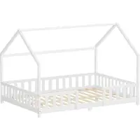 ML-Design Kinderbett 140x200cm mit Rausfallschutz, Dach & Lattenrost Weiß Montessori Bodenbett aus massivem Kiefernholz Hausbett für Mädchen & Jungen