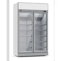Chefgastro Kühlschrank RHINO auf Rollen | 2x Glastür + LED & Werbedisplay | 1000L, HxBxT 209,2x125,3x71cm | 0/+10°C | Grau | + Geschirrtuch