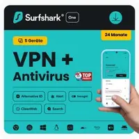 Surfshark ONE VPN + Antivirus | 2 Jahre | 5 Geräte - beliebig viele Geräte für VPN, 5 Geräte für Antivirus