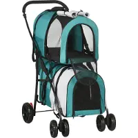 PawHut Doppel-Kinderwagen für Hunde und Katzen, faltbarer Haustier-Kinderwagen mit 2 abnehmbaren Trägern, Sicherheitsgurt, Seitentaschen und 2 Kissen, 66 x 50 x 98 cm, Grün und Grau