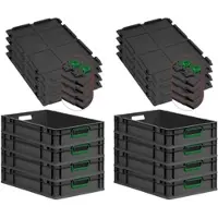 Proregal SuperSparSet 8x Eurobox Nextgen Color Mit Scharnierdeckel HxBxT 12x40x60cm 23 Liter Schwarz Griffe Grün Offen Eurobehälter Transportbox
