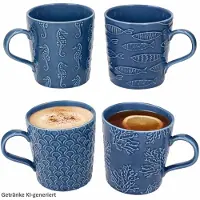 MamboCat Sea Life 4er Set Kaffeebecher Porzellan dunkelblau maritim Relief Tee Geschenk