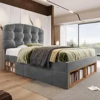 OKWISH Polsterbett 90x200 Einzelbett mit gebogenem höhenverstellbarem Kopfteil Jugendbett Funktionsbett mit Schubladen und offenen Fächern Bettgestell mit Lattenrost Grau (ohne Matratze)