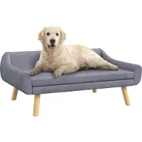 PawHut Hundesofa Katzensofa mit Rückenlehne, Hundecouch mit Holzbeine, Haustiersofa mit Kissen, Hundebett für mittelgroße und große Hunde, Samt, Grau, 102 x 58,5 x 42,5 cm