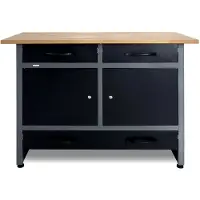 Markenlos Metall Werkbank 120 cm mit 3 Schubladen und 2 Türen, schwarz, 28 mm Buchenholzplatte, bis 510 kg belastbar
