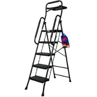 Proregal Profi-Trittleiter klappbar mit Handbügel und Werkzeugablage 5 Stufen 182x52x104cm Traglast 150kg Stahl Schwarz Klappleiter Haushaltsleiter