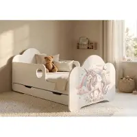 Happy Babies Kinderbett mit Rausfallschutz Junge 160x80 Bett für Kinderzimmer mit Schublade Matratze Einzelbett für Kinder Weiss, Einhorn