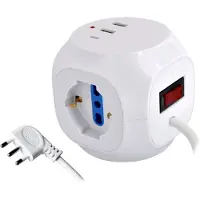 Alcapower Würfel-Steckerleiste: 3 Schuko-Buchsen, 2 USB-A, 1 USB-C PD, 3500W, 1,5m Kabel, beleuchteter Schalter, kompaktes Design, Schwarz.