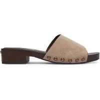 Tamaris Pantolette , Damen, Gr. 38, Textil, taupe, unifarben, Schuhe Pantolette, Blockabsatz, Sommerschuh, Schlüpfschuh mit aufgesetzten Nieten