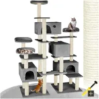 Markenlos Katzen Kratzbaum groß, Katzenbaum mit Zubehör für Katzen, XXL Katzenkratzbaum mit 4 Katzenhäusern, Spielturm mit Kratzsäule, Kratzstamm aus Sisal, Wandmontage möglich - grau