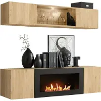 Meublorama Wandkomposition FLY – Helles Eichenholz – Teilweise verglaste horizontale Vitrine und TV-Möbel mit Bio-Ethanol-Kamin