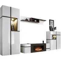Meublorama Wohnzimmer-Set CRISS mit Bioethanol-Kamin – Hochglanz Weiß – TV-Möbel, Vitrine, niedrige Vitrine und Regal