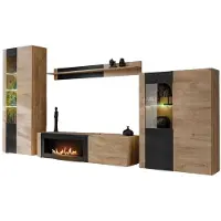 Meublorama Wohnzimmer-Set DOUM – Helles Eichenholz und Schwarz – Mit Bio-Ethanol-Kamin – L320 x H192 x P45 cm