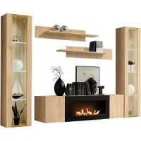 Meublorama Wandmontage FLY – Helles Eichenholz – Verglaste Vitrinen, Regale und TV-Möbel mit Bioethanol-Kamin